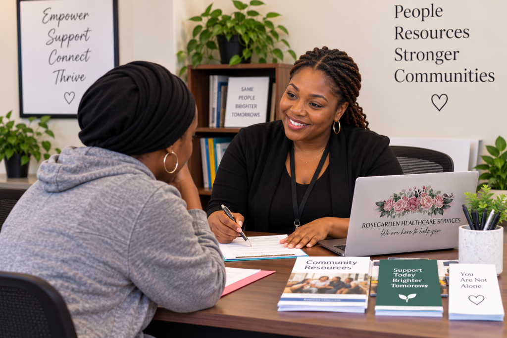Community Health Worker meeting one-on-one with a client at Rosegarden Healthcare Services