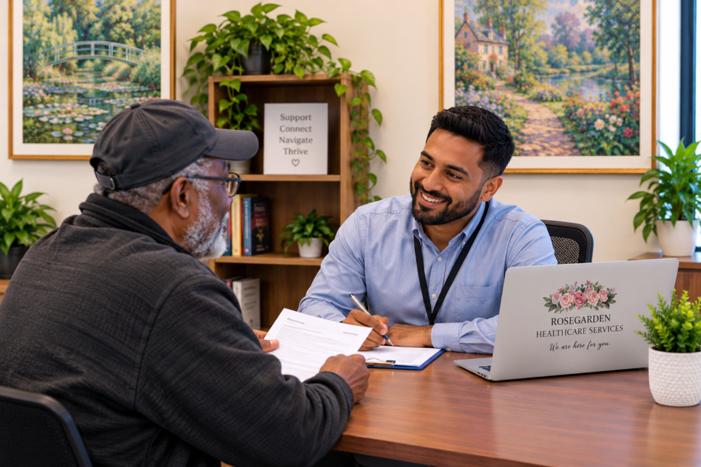 Older adult reviewing paperwork with a Rosegarden Healthcare Services Case Manager