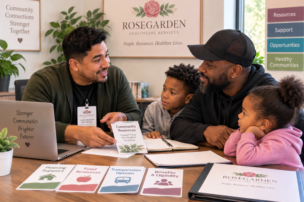 Community Health Worker discussing community resources with a father and his two children.