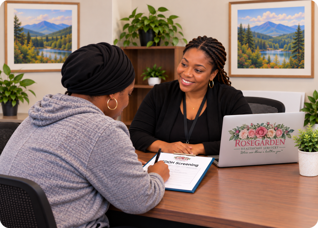 Rosegarden Healthcare Services Community Health Worker assisting a client who is completing a Social Determinants of Health (SDOH) screening form.